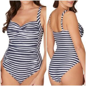 Niptuck Ahoy Foil Joanne Twist Front Navy White striped sz 6 swimsuit